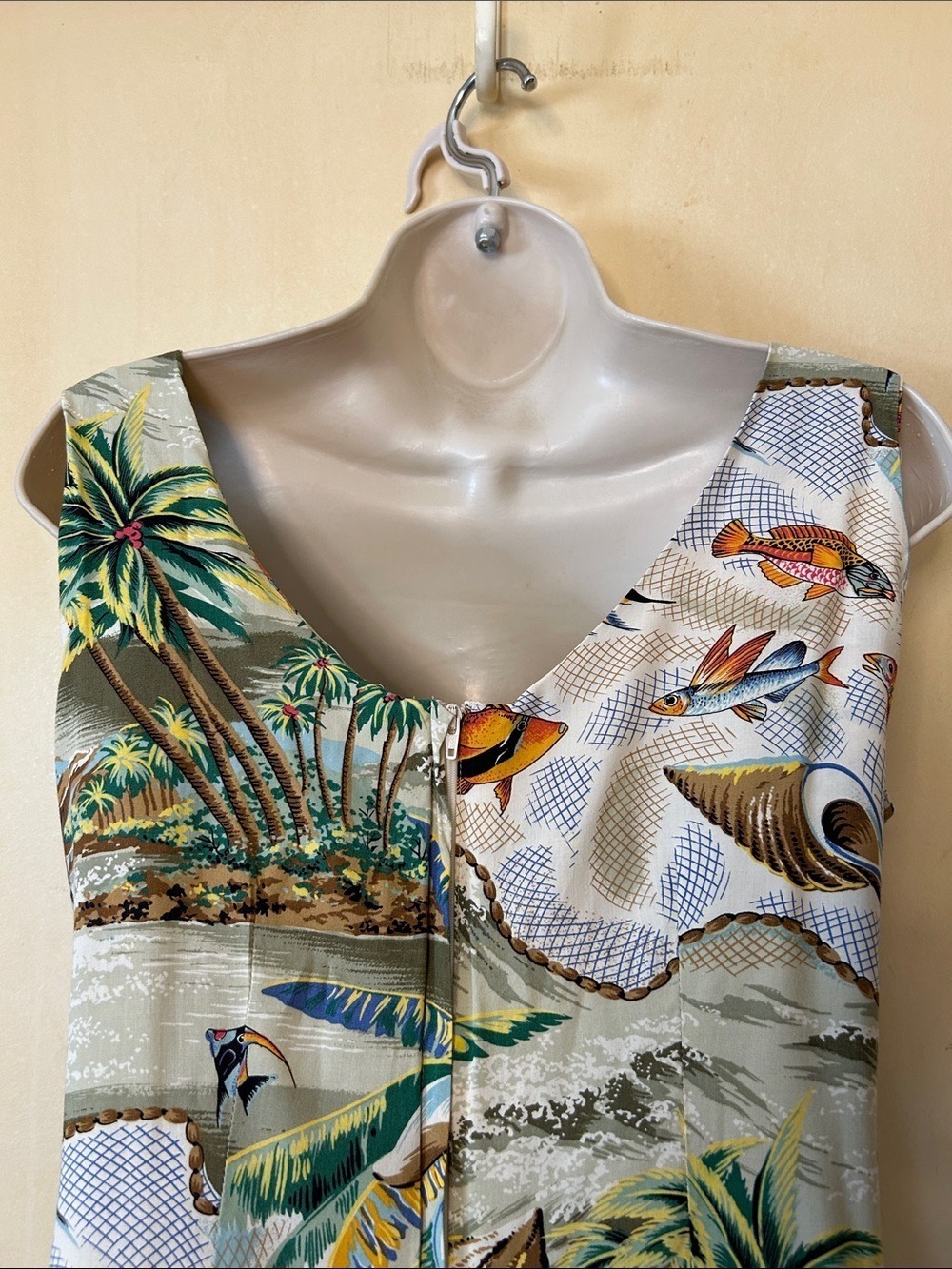 reyn spooner Tropical Palm & Fish Midi Dress - Green, Blue, Brown 100% Rayon M - Picture 7 of 11